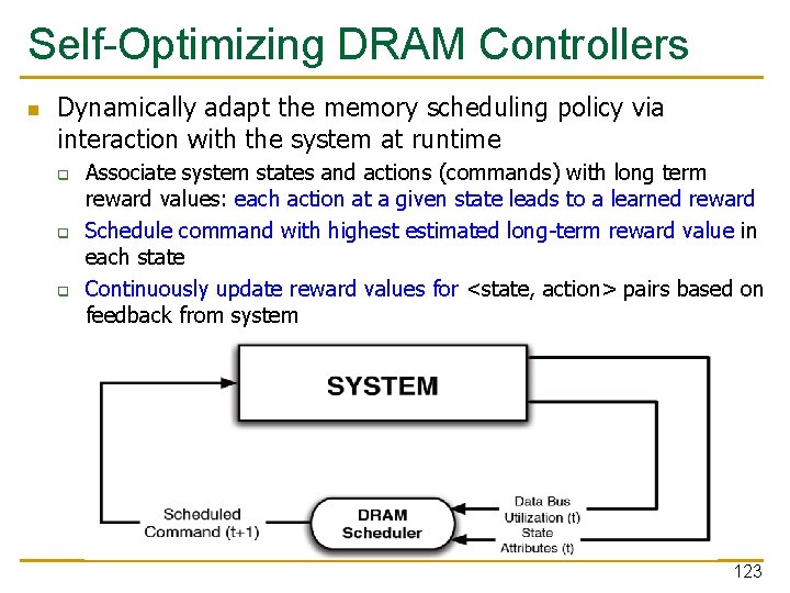 Self-Optimizing DRAM Controllers n Dynamically adapt the memory scheduling policy via interaction with the