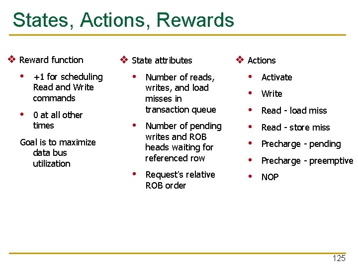 States, Actions, Rewards ❖ Reward function • +1 for scheduling Read and Write commands
