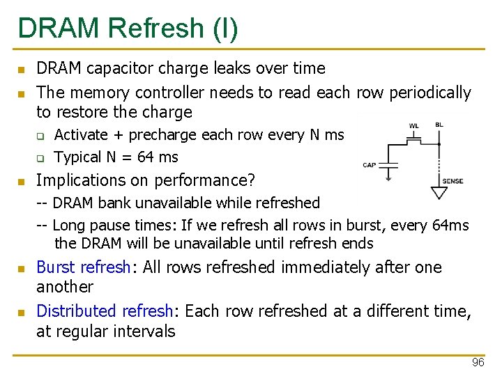 DRAM Refresh (I) n n DRAM capacitor charge leaks over time The memory controller
