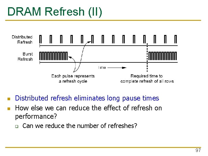 DRAM Refresh (II) n n Distributed refresh eliminates long pause times How else we