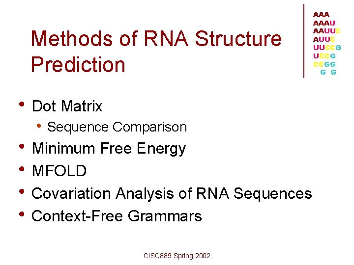 Methods of RNA Structure Prediction • Dot Matrix • Sequence Comparison • Minimum Free