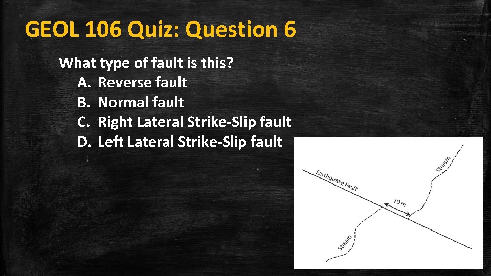 GEOL 106 Quiz: Question 6 What type of fault is this? A. Reverse fault