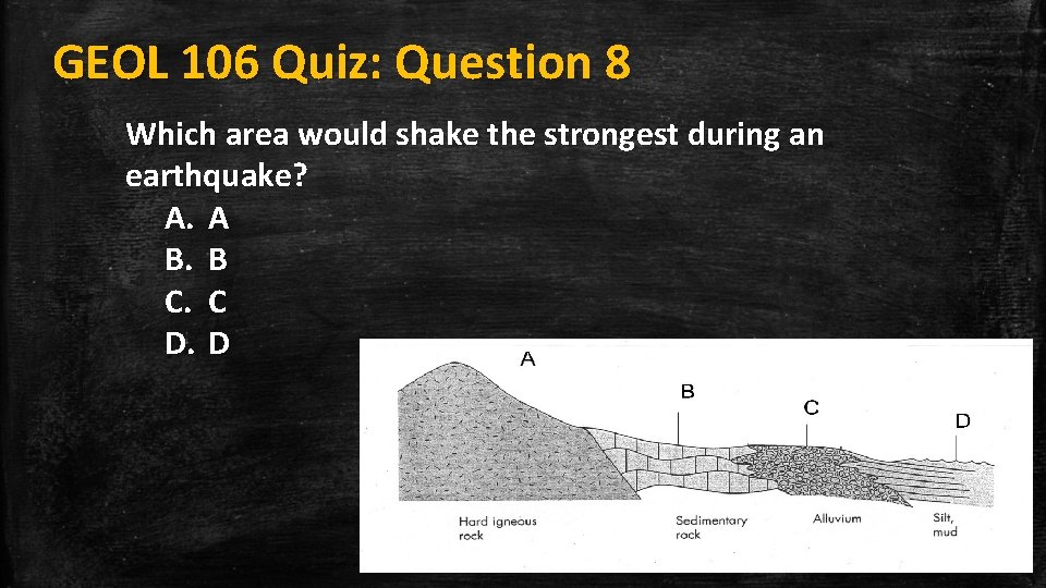 GEOL 106 Quiz: Question 8 Which area would shake the strongest during an earthquake?