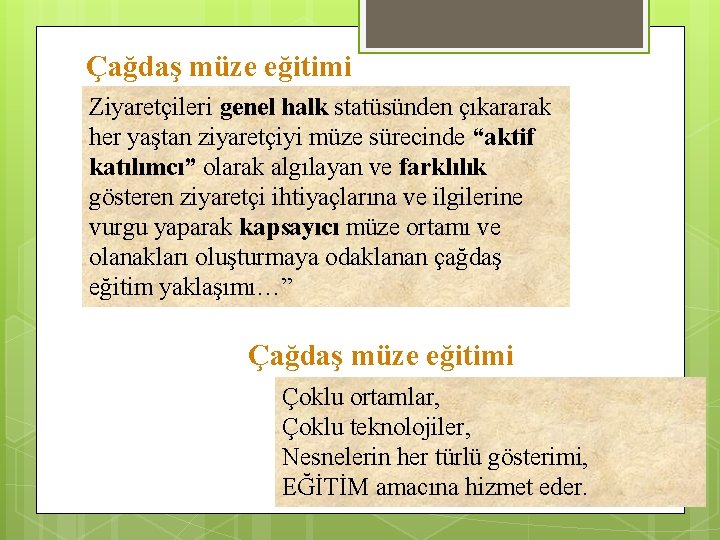 Çağdaş müze eğitimi Ziyaretçileri genel halk statüsünden çıkararak her yaştan ziyaretçiyi müze sürecinde “aktif