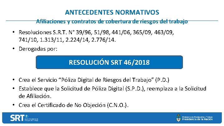 ANTECEDENTES NORMATIVOS Afiliaciones y contratos de cobertura de riesgos del trabajo • Resoluciones S.