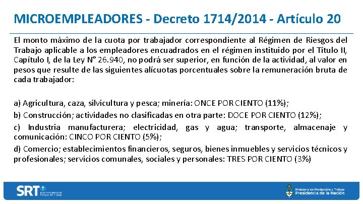 MICROEMPLEADORES - Decreto 1714/2014 - Artículo 20 El monto máximo de la cuota por