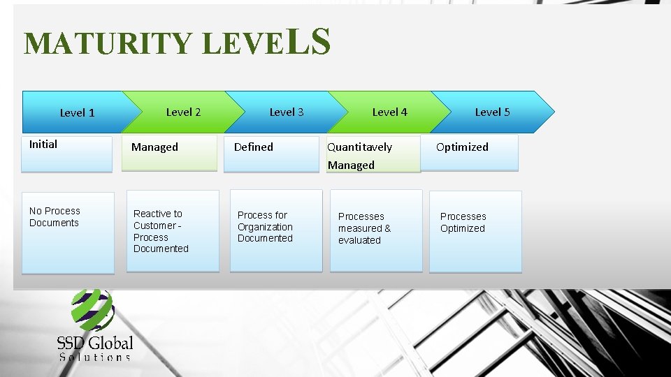 MATURITY LEVELS Level 1 Level 2 Initial Managed No Process Documents Reactive to Customer