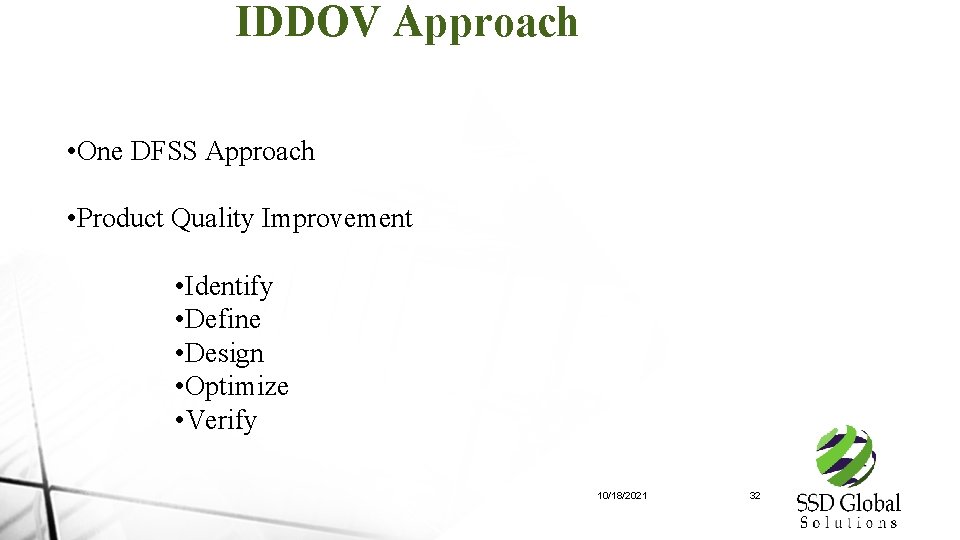 IDDOV Approach • One DFSS Approach • Product Quality Improvement • Identify • Define