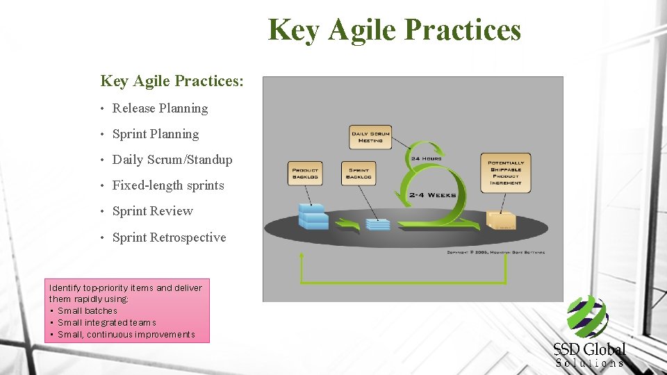 Key Agile Practices: • Release Planning • Sprint Planning • Daily Scrum/Standup • Fixed-length