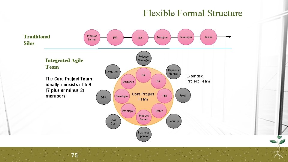 Flexible Formal Structure Traditional Silos Product Owner PM BA Capacity Planner Architect BA Developer