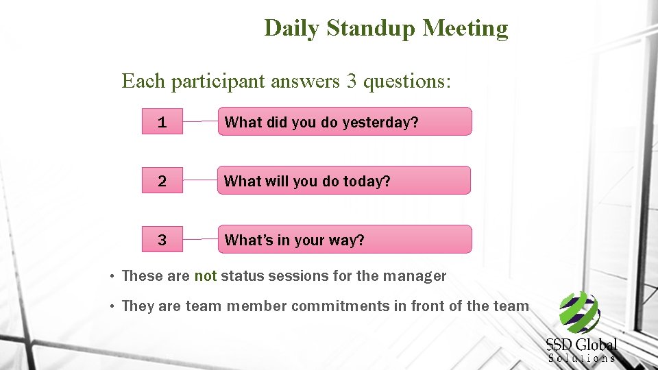 Daily Standup Meeting Each participant answers 3 questions: 1 What did you do yesterday?