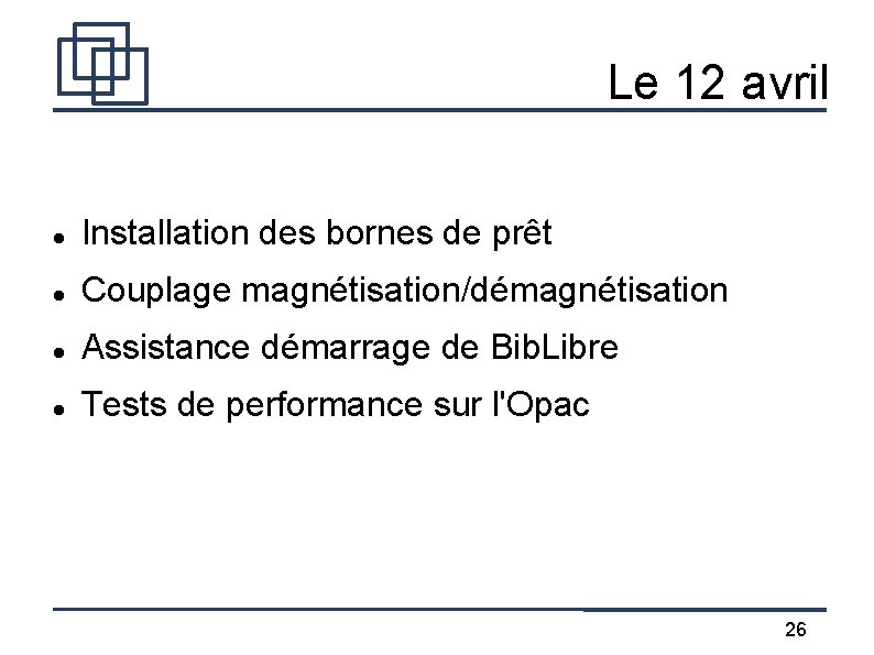 Le 12 avril Installation des bornes de prêt Couplage magnétisation/démagnétisation Assistance démarrage de Bib.