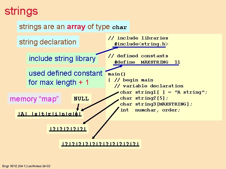 strings are an array of type char string declaration // include libraries #include<string. h>