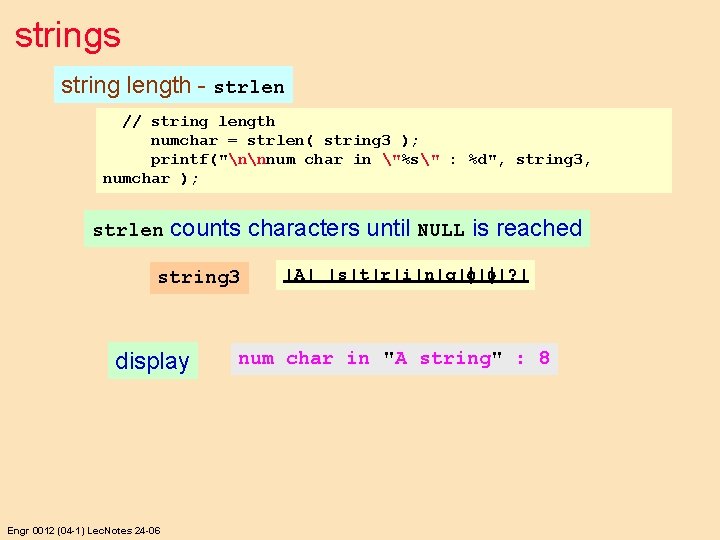 strings string length - strlen // string length numchar = strlen( string 3 );