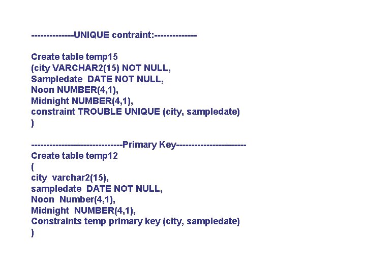 -------UNIQUE contraint: -------Create table temp 15 (city VARCHAR 2(15) NOT NULL, Sampledate DATE NOT