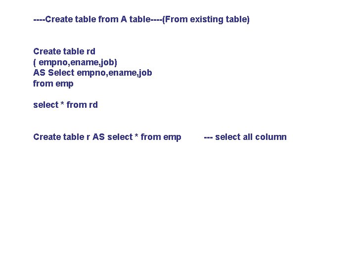 ----Create table from A table----(From existing table) Create table rd ( empno, ename, job)