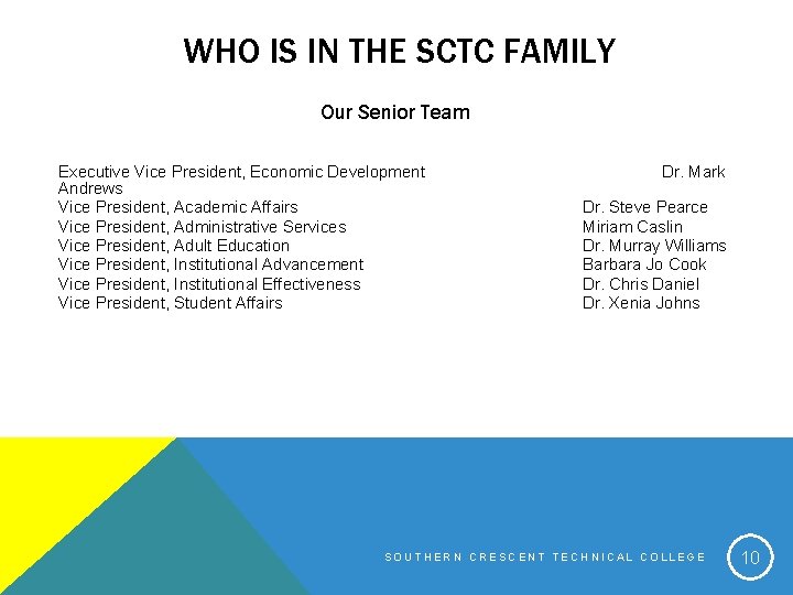 WHO IS IN THE SCTC FAMILY Our Senior Team Executive Vice President, Economic Development
