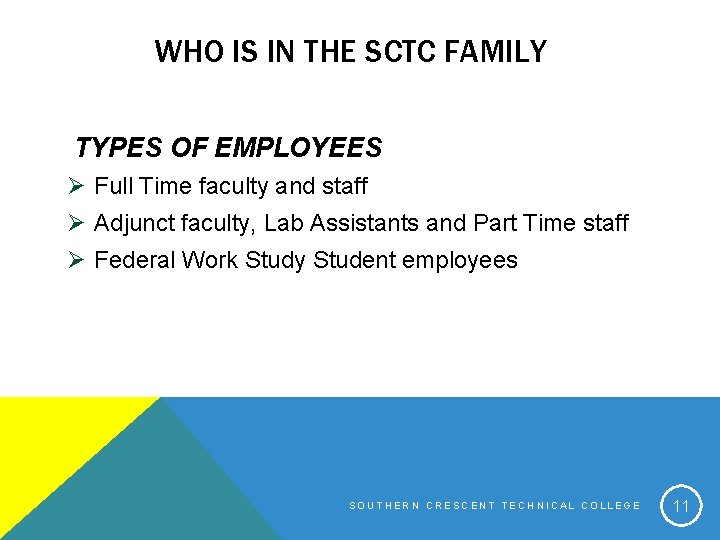 WHO IS IN THE SCTC FAMILY TYPES OF EMPLOYEES Ø Full Time faculty and