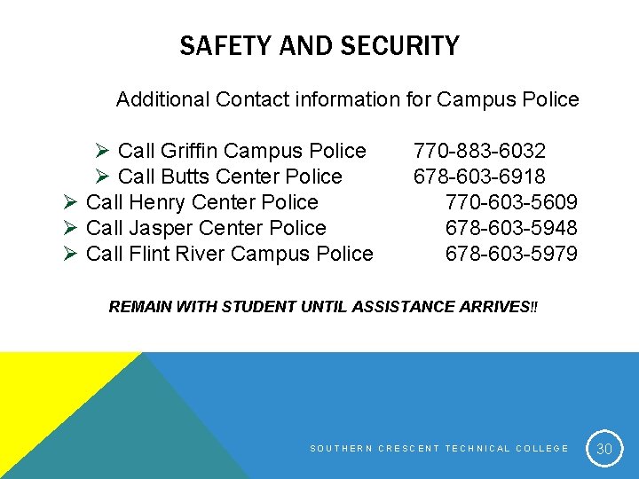 SAFETY AND SECURITY Additional Contact information for Campus Police Ø Call Griffin Campus Police