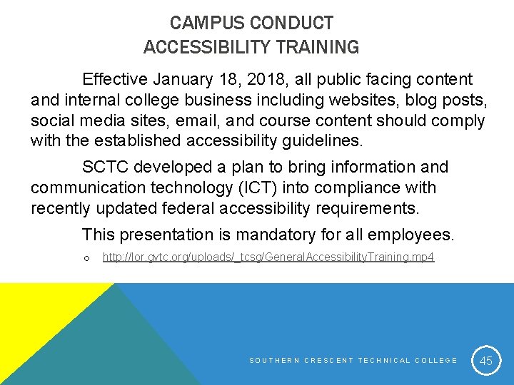 CAMPUS CONDUCT ACCESSIBILITY TRAINING Effective January 18, 2018, all public facing content and internal