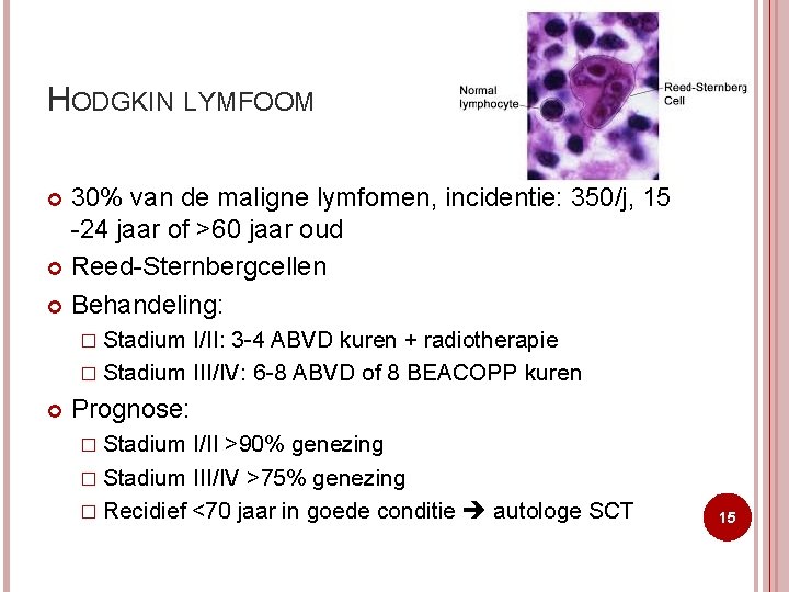 HODGKIN LYMFOOM 30% van de maligne lymfomen, incidentie: 350/j, 15 -24 jaar of >60