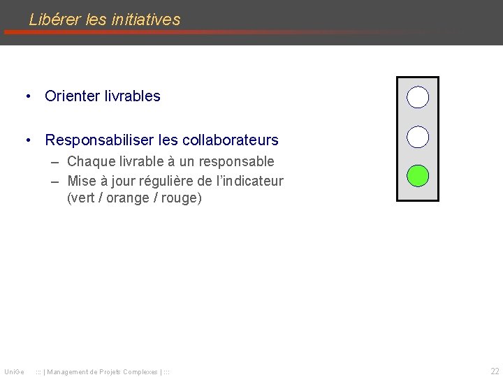 Libérer les initiatives • Orienter livrables • Responsabiliser les collaborateurs – Chaque livrable à