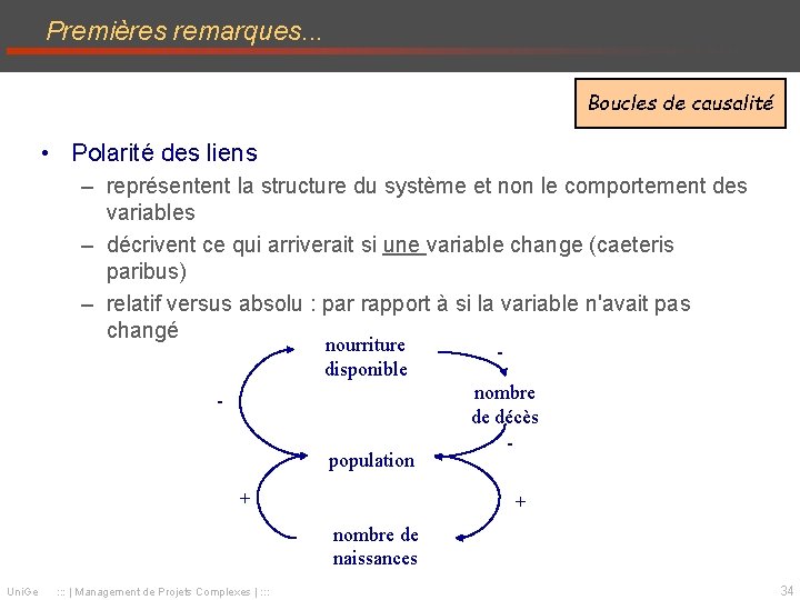 Premières remarques. . . Boucles de causalité • Polarité des liens – représentent la