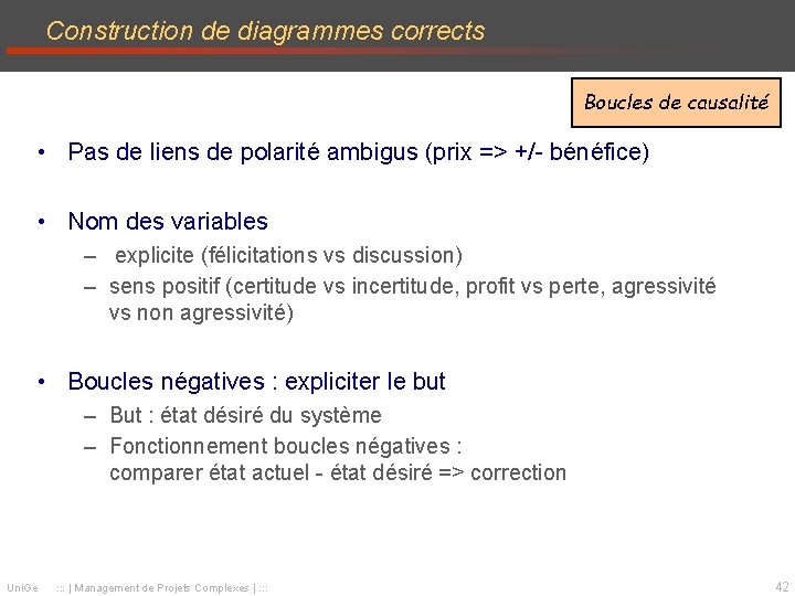 Construction de diagrammes corrects Boucles de causalité • Pas de liens de polarité ambigus