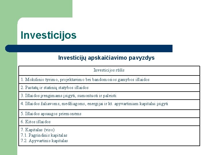 Investicijos Investicijų apskaičiavimo pavyzdys Investicijos rūšis 1. Mokslinio tyrimo, projektavimo bei bandomosios gamybos išlaidos