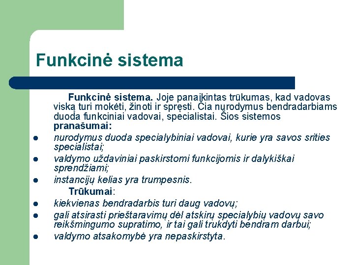 Funkcinė sistema l l l Funkcinė sistema. Joje panaikintas trūkumas, kad vadovas viską turi