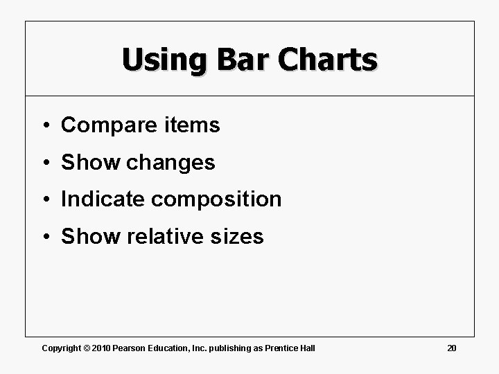 Using Bar Charts • Compare items • Show changes • Indicate composition • Show
