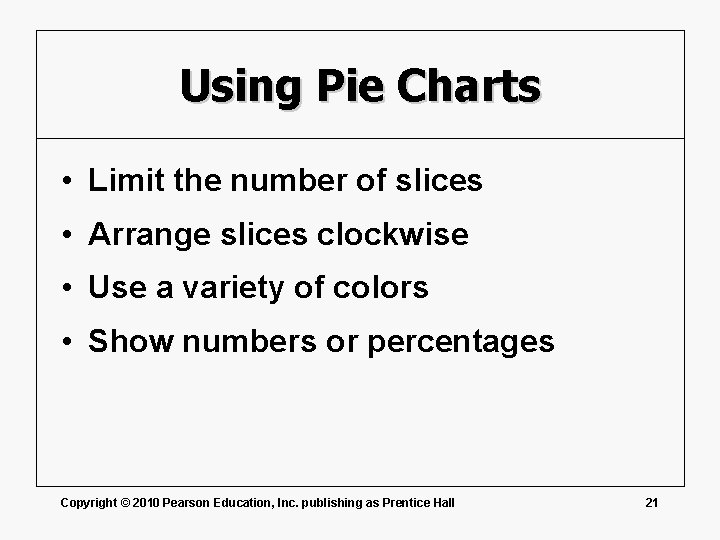 Using Pie Charts • Limit the number of slices • Arrange slices clockwise •