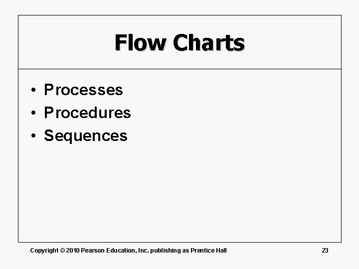 Flow Charts • Processes • Procedures • Sequences Copyright © 2010 Pearson Education, Inc.