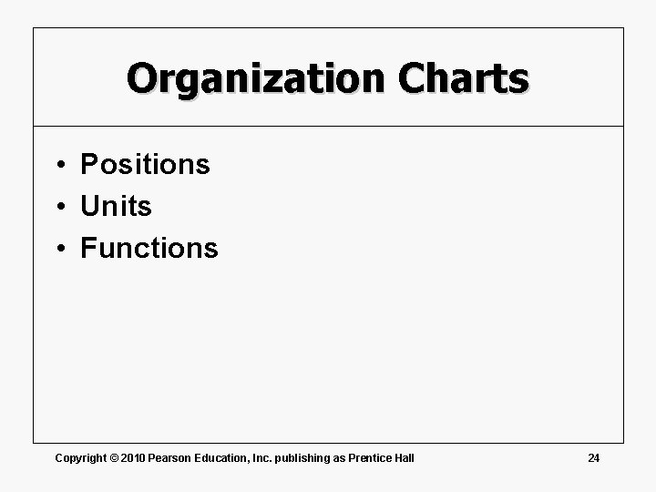 Organization Charts • Positions • Units • Functions Copyright © 2010 Pearson Education, Inc.