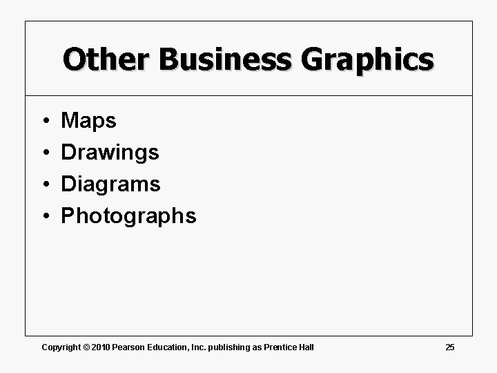 Other Business Graphics • • Maps Drawings Diagrams Photographs Copyright © 2010 Pearson Education,