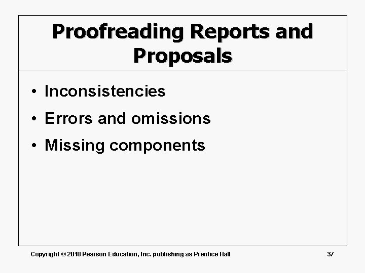 Proofreading Reports and Proposals • Inconsistencies • Errors and omissions • Missing components Copyright