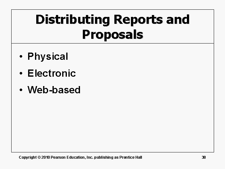 Distributing Reports and Proposals • Physical • Electronic • Web-based Copyright © 2010 Pearson