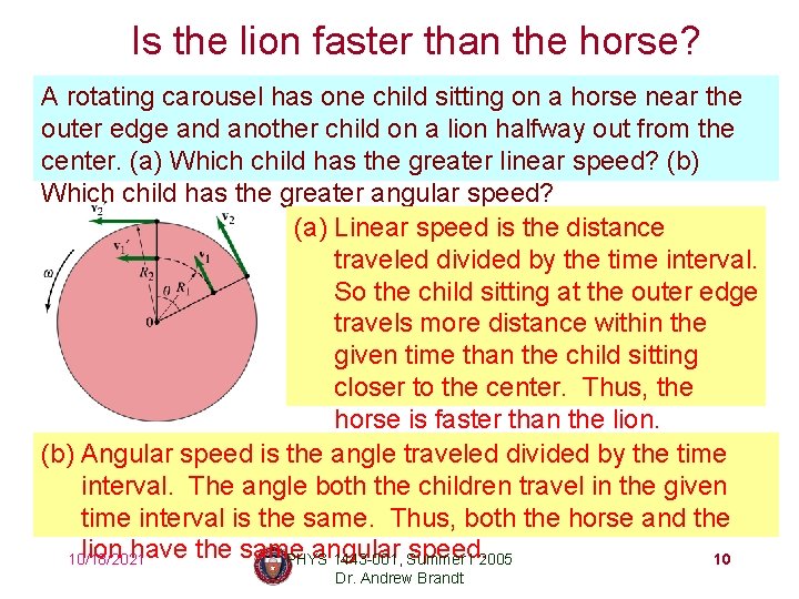 Is the lion faster than the horse? A rotating carousel has one child sitting