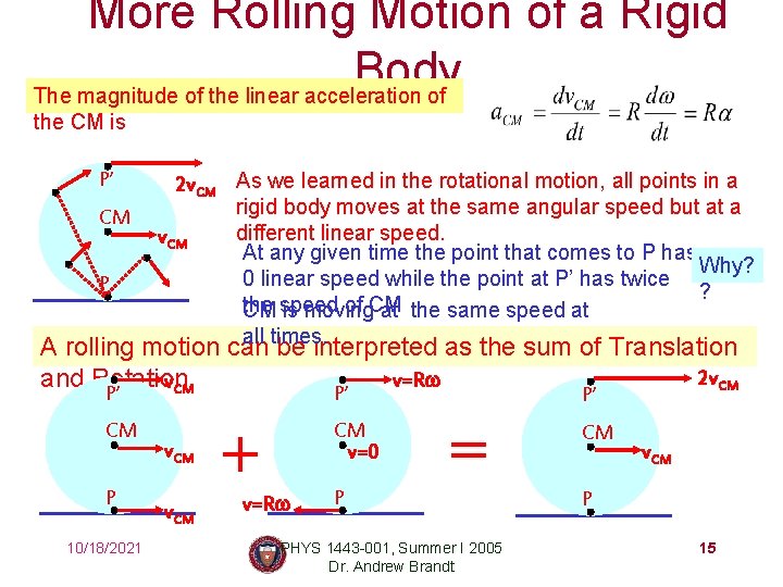 More Rolling Motion of a Rigid Body The magnitude of the linear acceleration of