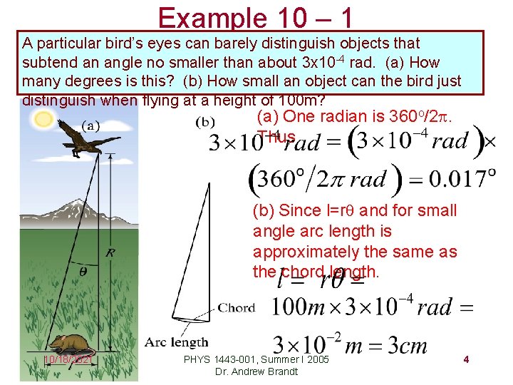 Example 10 – 1 A particular bird’s eyes can barely distinguish objects that subtend