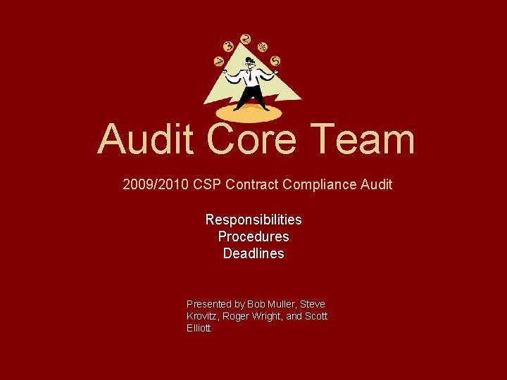 Audit Core Team 2009/2010 CSP Contract Compliance Audit Responsibilities Procedures Deadlines Presented by Bob