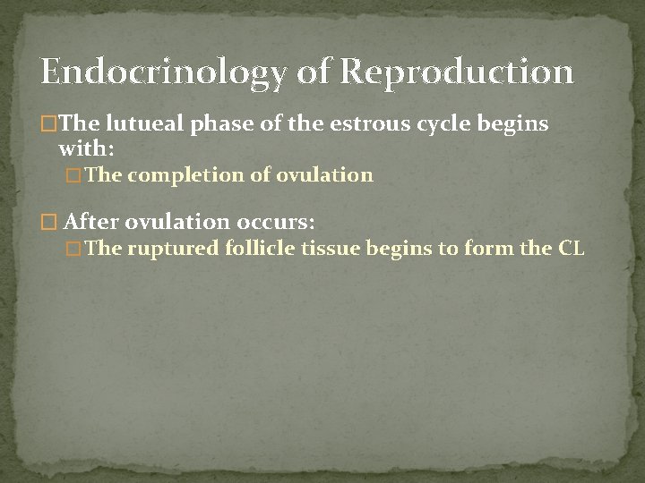 Endocrinology of Reproduction �The lutueal phase of the estrous cycle begins with: � The