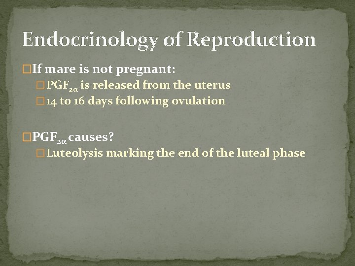 Endocrinology of Reproduction �If mare is not pregnant: � PGF 2α is released from