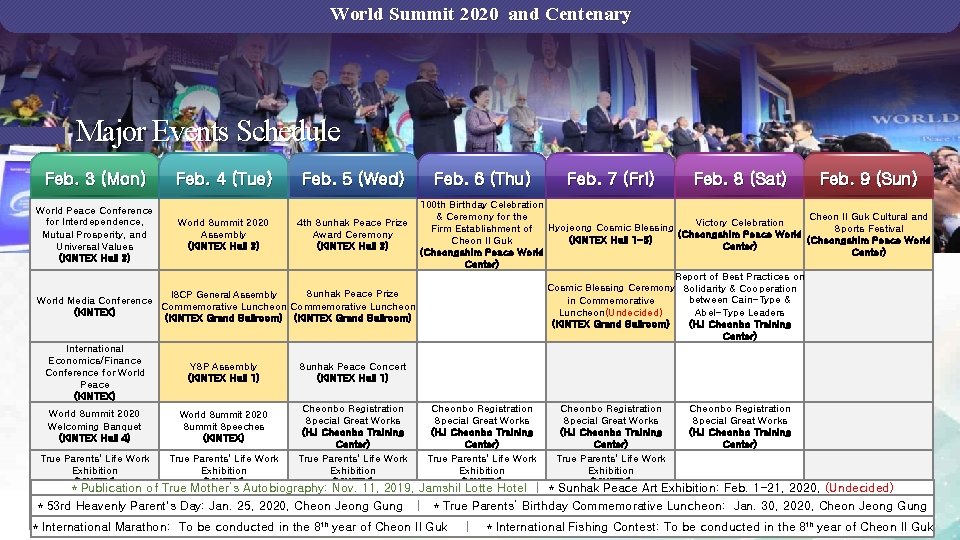 World Summit 2020 and Centenary Major Events Schedule Feb. 3 (Mon) Feb. 4 (Tue)