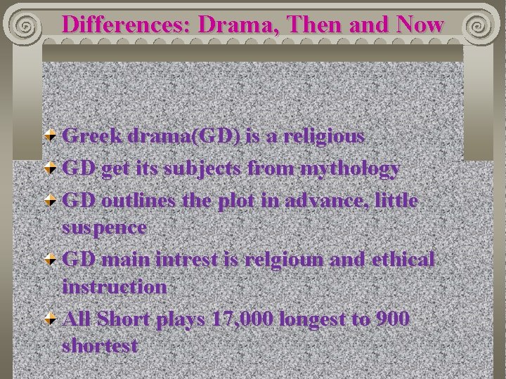 Differences: Drama, Then and Now Greek drama(GD) is a religious GD get its subjects