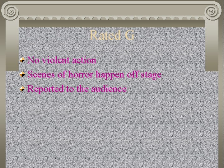 Rated G No violent action Scenes of horror happen off stage Reported to the