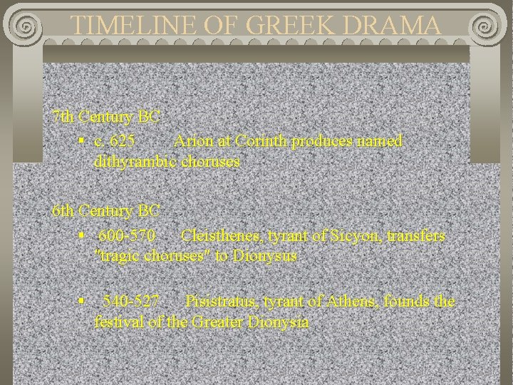 TIMELINE OF GREEK DRAMA 7 th Century BC § c. 625 Arion at Corinth