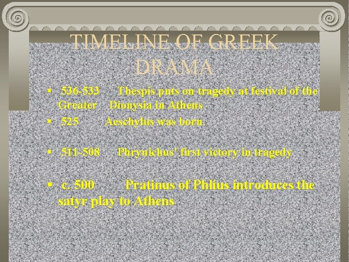 TIMELINE OF GREEK DRAMA § 536 -533 Thespis puts on tragedy at festival of