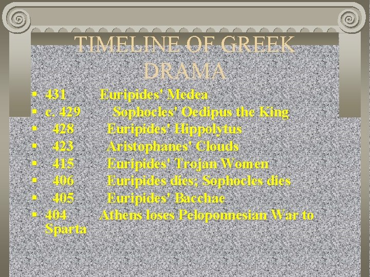 TIMELINE OF GREEK DRAMA § 431 § c. 429 § 428 § 423 §