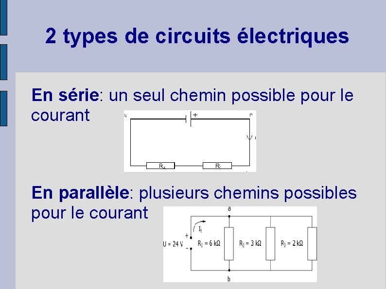 2 types de circuits électriques En série: un seul chemin possible pour le courant